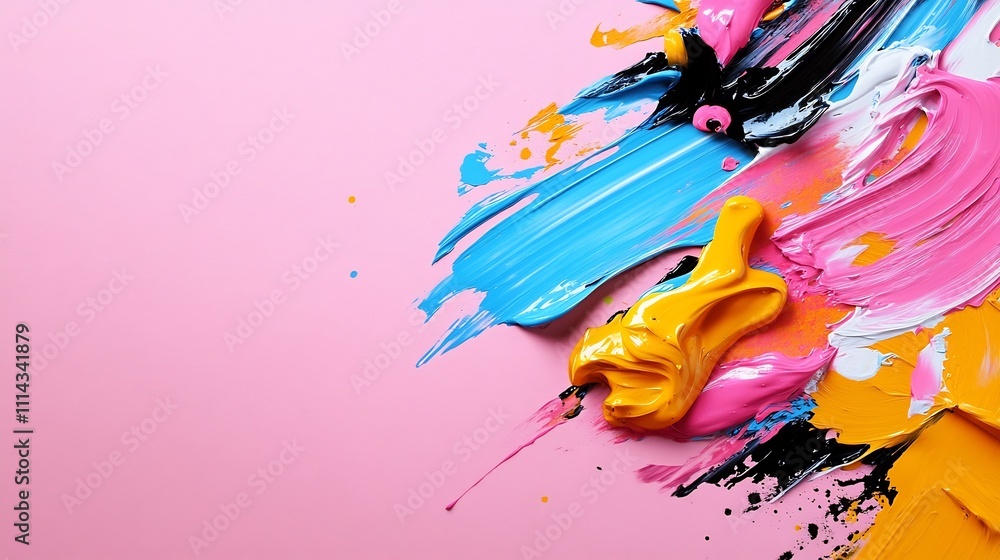 Poster Vibrant Brushstroke Abstract Art with Dynamic Movement on Soft Pink Background