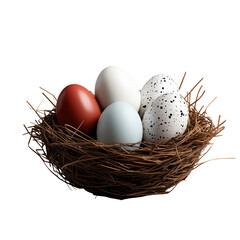 Fototapeta premium Several painted decorated eggs nestled in a straw nest isolated on a transparent background