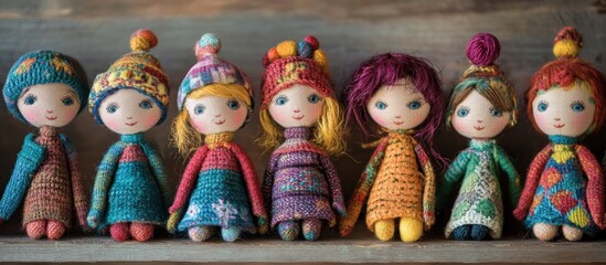 Seven colorful handmade knitted dolls in a row.