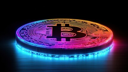 Obraz premium A bitcoin coin made of glass in the shape and colors with neon lights