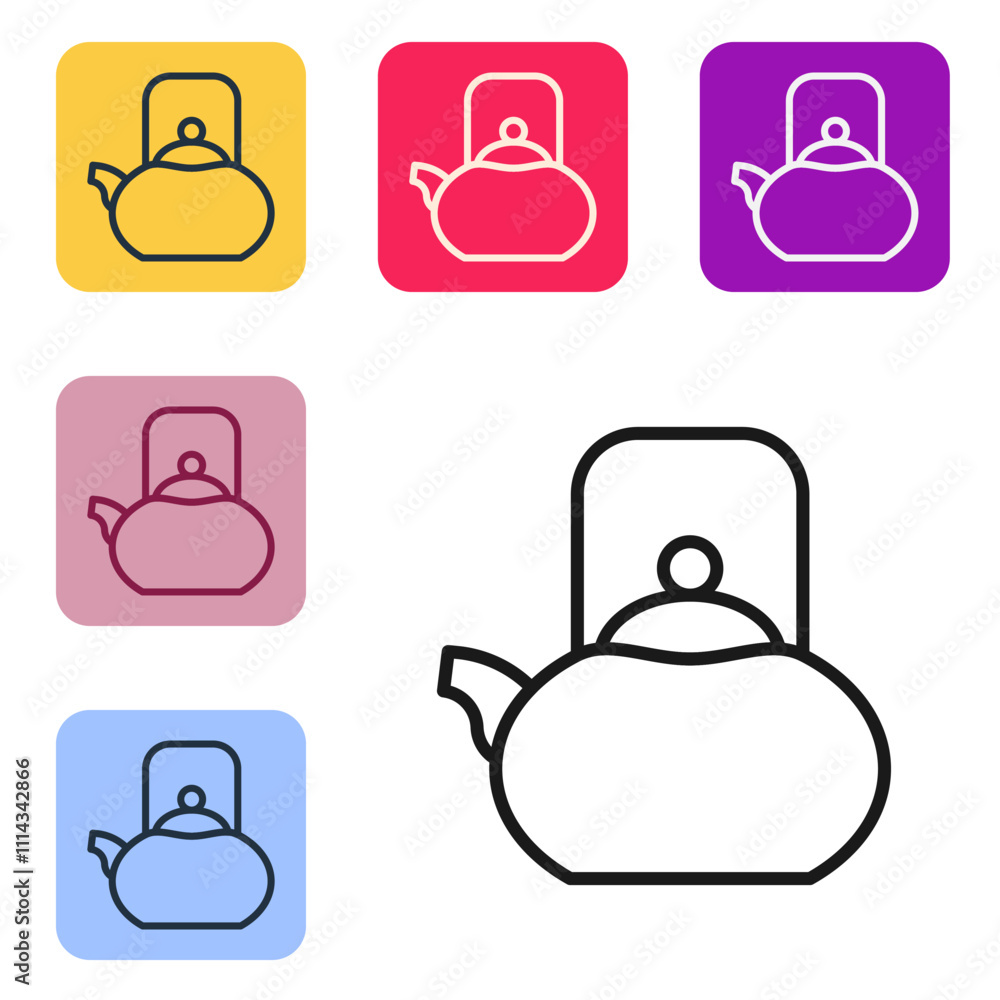 Poster black line kettle with handle icon isolated on white background. teapot icon. set icons in color squ