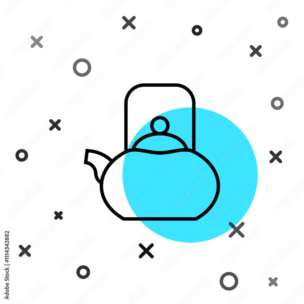 Poster black line kettle with handle icon isolated on white background. teapot icon. random dynamic shapes.