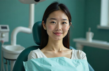 Fototapeta premium Portrait woman patient Background of dentist office in Hospital. AI-Generated