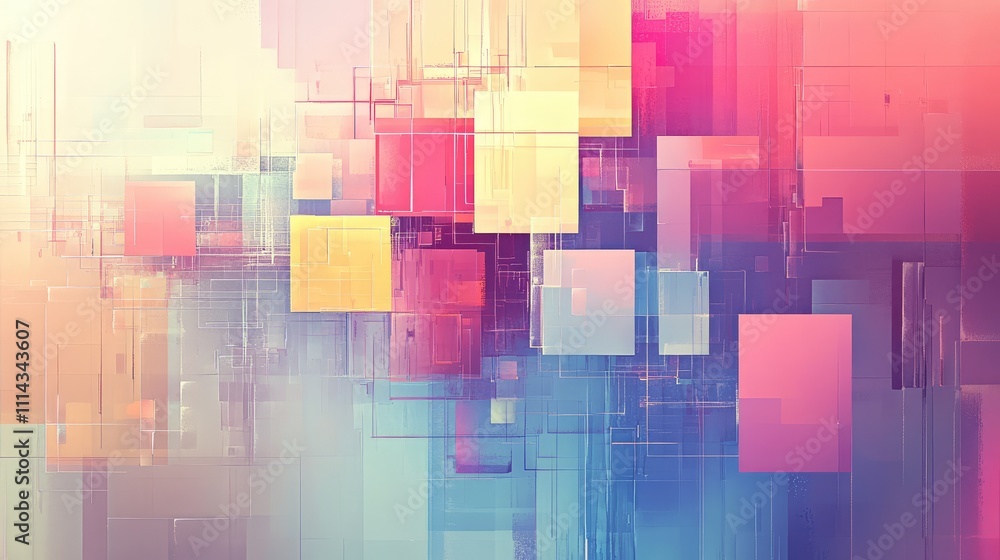 Poster an abstract pixel collage with soft gradients and fragmented pixel squares, blending pastel tones in