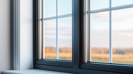 Fototapeta premium Close-up of a modern double-glazed window with a blurred scenic view of the countryside in the background.