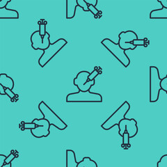 Black line Addiction to the drug icon isolated seamless pattern on green background. Heroin, narcotic, addiction, illegal. Sick junkie with a syringe and medical pills. Vector