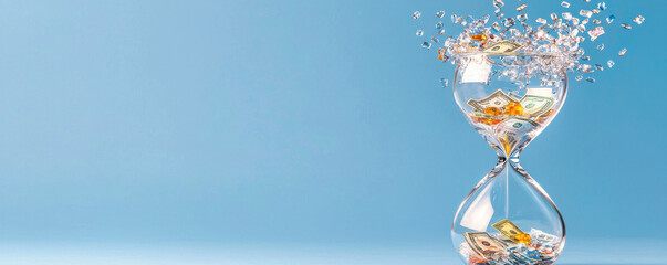 Cracked hourglass with currency symbols, representing time and money, symbolizes fleeting nature of wealth and opportunity