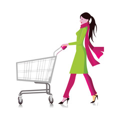 Vector illustration of lady and shopping cart for web store, mobile apps, print and social media