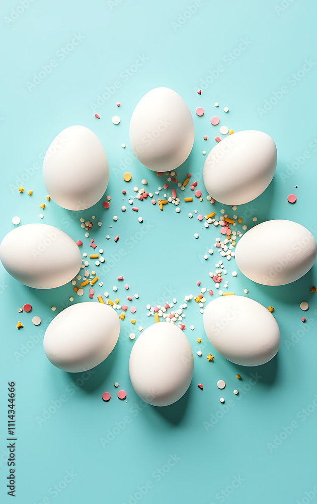 Poster White Easter eggs and sprinkles arranged in a circular pattern on a soft pastel blue background, surrounded by empty space and minimal design._00001_