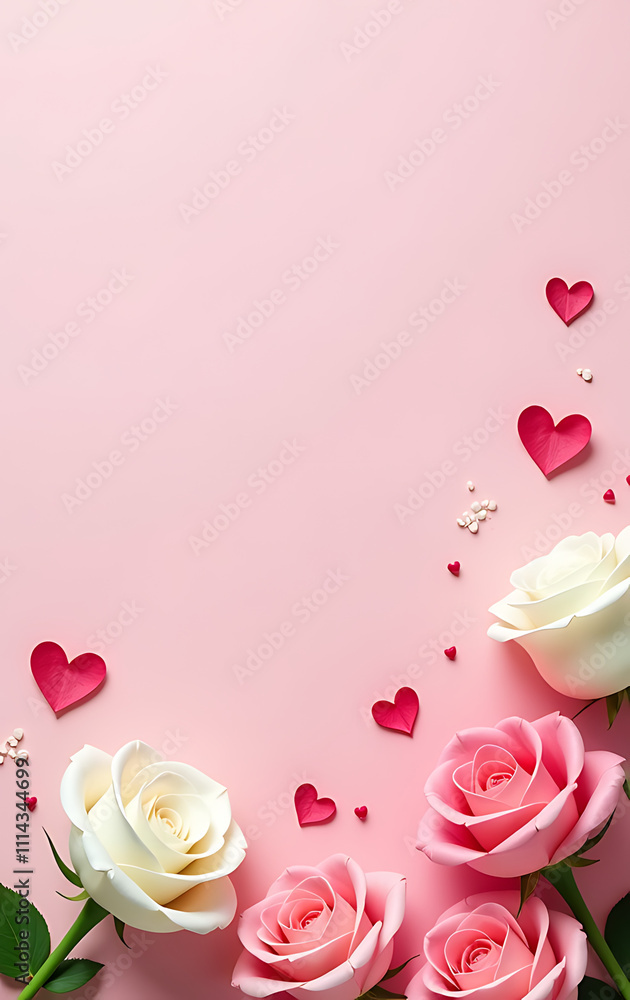 Poster white and pink rose buds and small hearts with sprinkles adorn an isolated pastel pink background wi