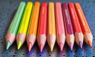 Close-up of vibrant colored pencils arranged in a row