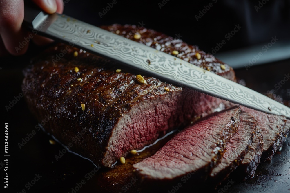 Poster a close-up view of someone slicing a steak with a knife