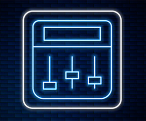 Glowing neon line Drum machine music producer equipment icon isolated on brick wall background. Vector