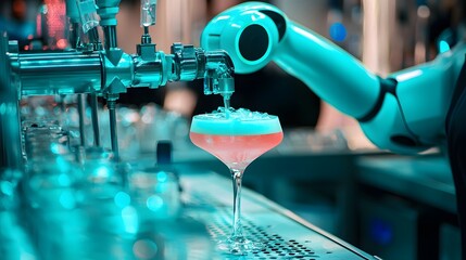Sea Green Robot Mixing a Cocktail, Bartending Skills Showcased in Robotics