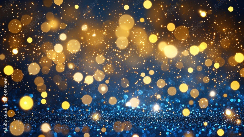 Poster soft illuminated deep cobalt blue background with glowing gold elements and bokeh effect