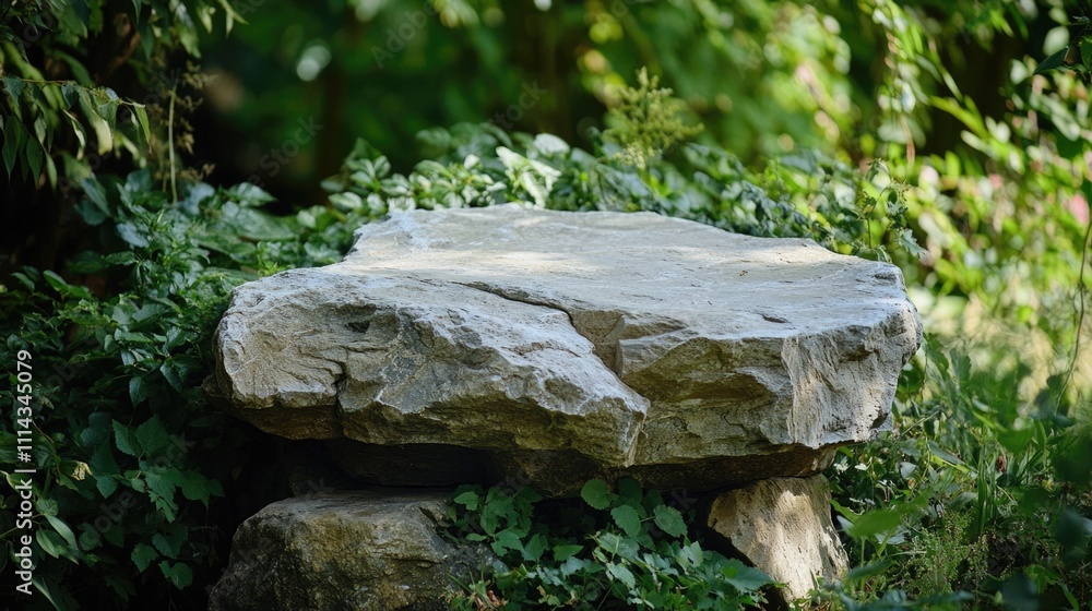 Poster a natural setting with a stone bench surrounded by dense foliage