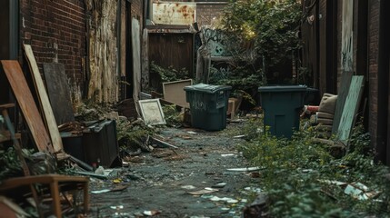 Fototapeta premium A desolate alleyway with broken furniture, overturned trash cans, and weeds growing through the cracks.