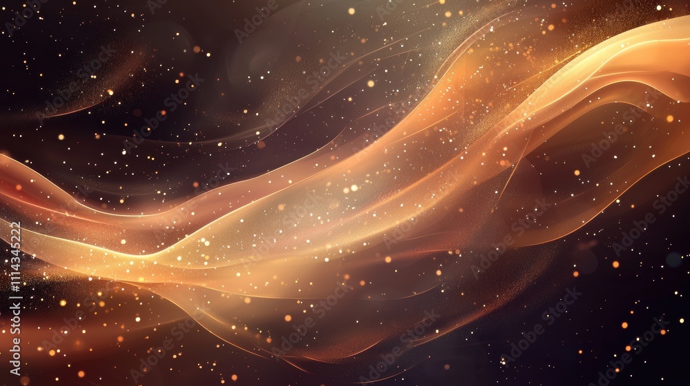 Poster soft golden illuminated background with deep copper waves and sparkling particles for design