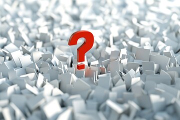 A single red question mark stands out among a cluster of white cubes, ideal for illustrating confusion or uncertainty