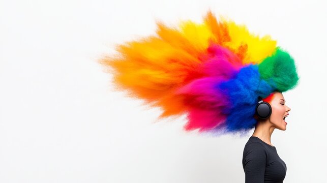 Woman with colorful hair and headphones on, with her mouth open. Concept of freedom and individuality, as the woman's unique appearance - Powered by Adobe