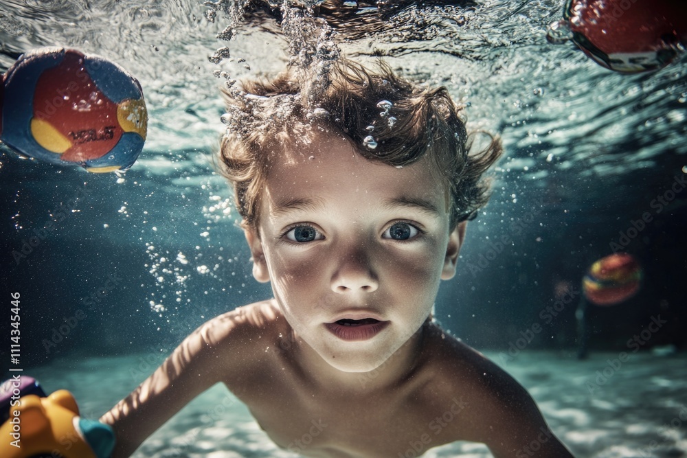 Poster a young boy has fun splashing around and playing with a ball in the water