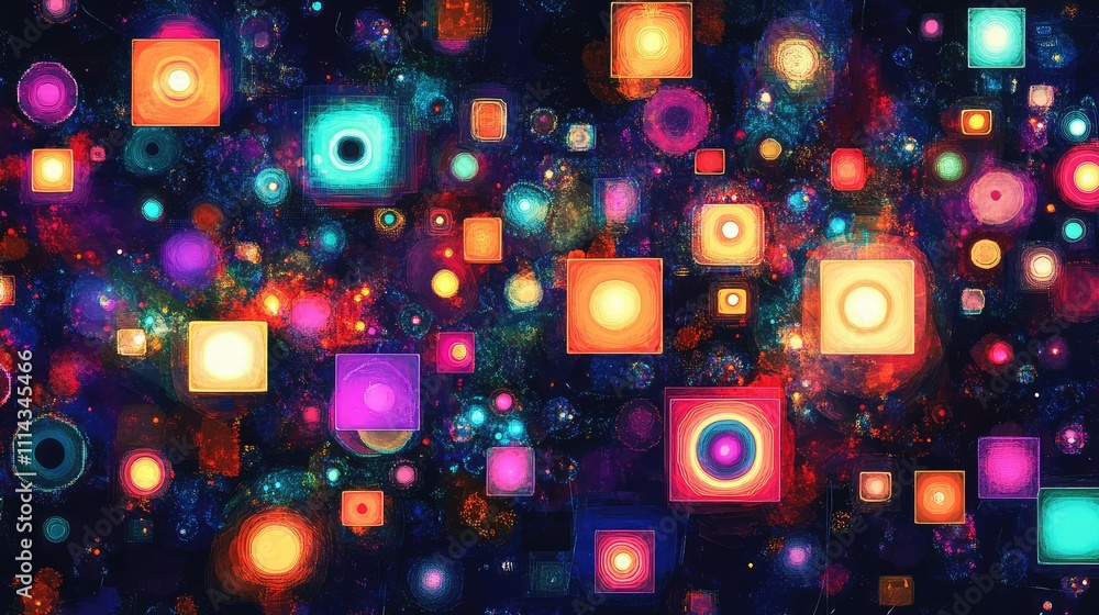 Poster neon pixel art abstraction, featuring bright glowing squares and circles floating over a dark canvas