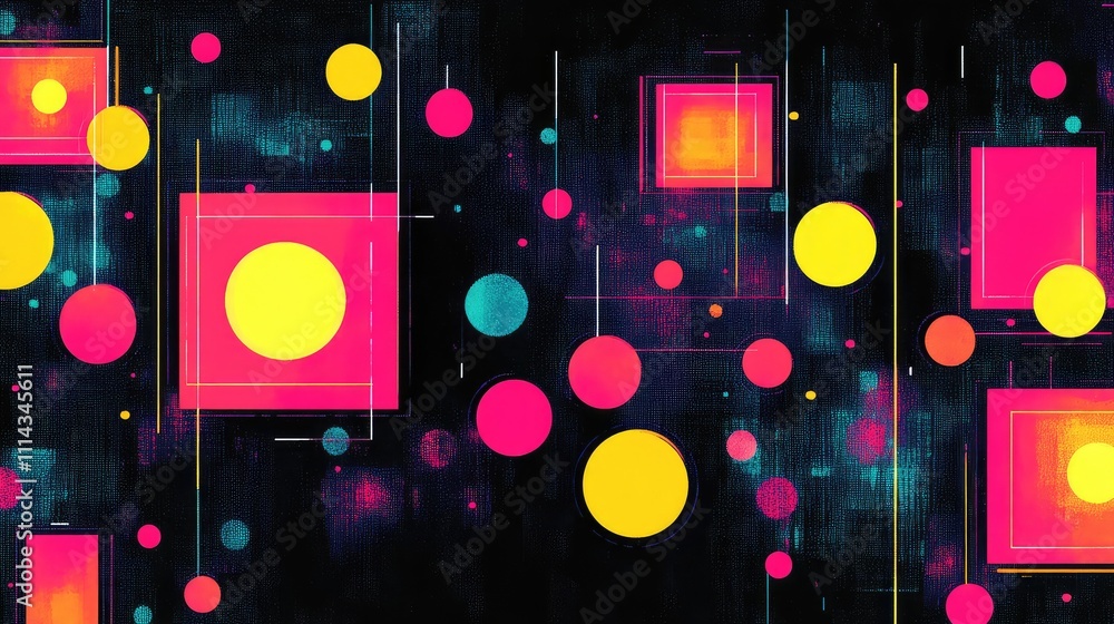 Poster neon pixel art abstraction, featuring bright glowing squares and circles floating over a dark canvas
