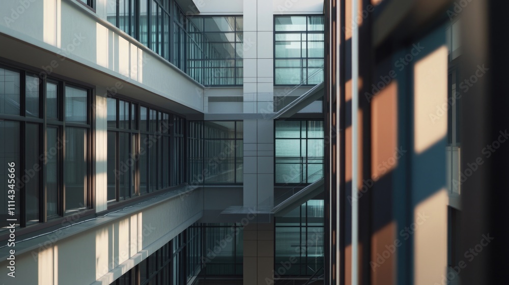 Poster A view of a building seen through a window with curtains open, ideal for use in real estate, architecture, or interior design