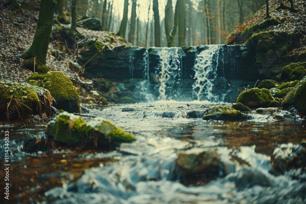 Poster a serene waterfall surrounded by lush greenery and trees in a dense forest