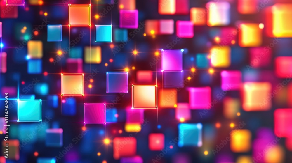 Poster neon pixel blocks forming an abstract glowing pattern, with a futuristic digital design and a gradie