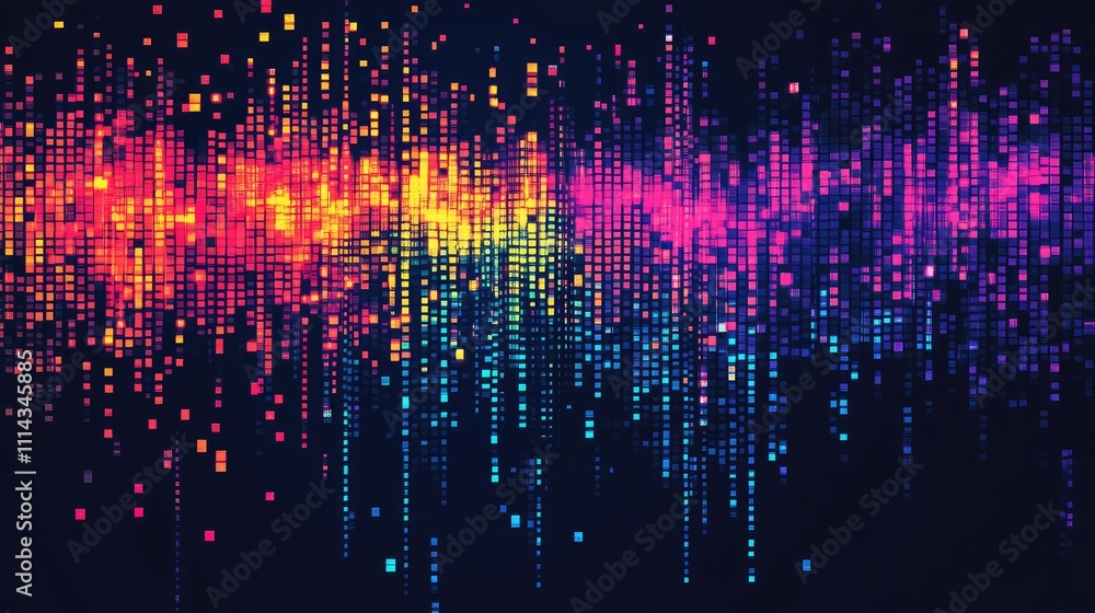 Poster neon pixel blocks forming an abstract glowing pattern, with a futuristic digital design and a gradie