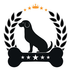 Illustration of a dog and a cat with a bone in a laurel wreath with a banner on a white background.