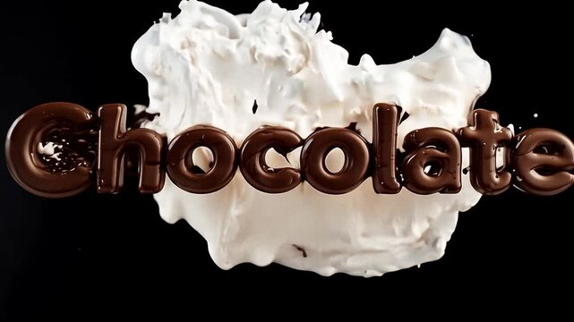 A delicious animated lettering of the word Chocolate with milk and chocolate.