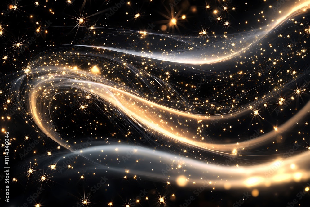 Poster golden light trails swirl on black background with sparkles.