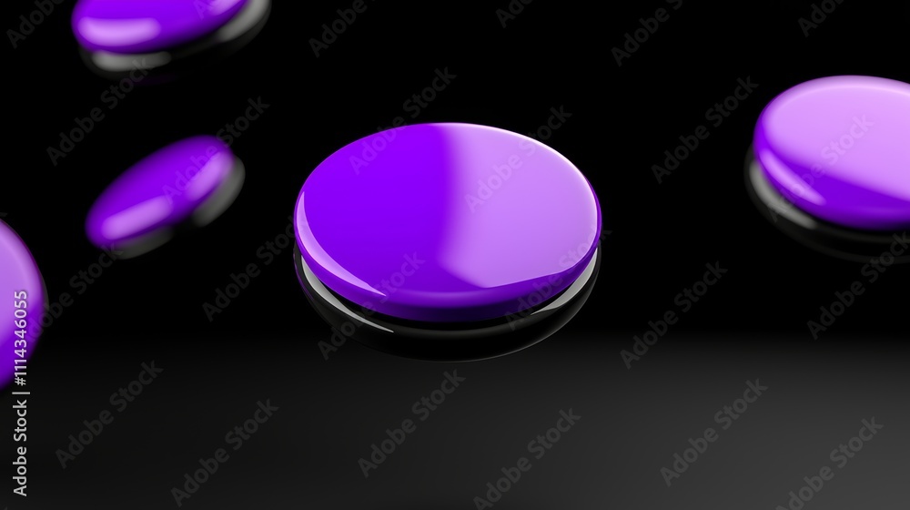 Poster close up of purple buttons with a black background. the buttons are all the same color and size, and