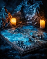 A fantasy game board sits between two lit candles, casting an ethereal glow on the scene.
