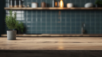 Cozy kitchen with potted rosemary plant on wooden countertop. Rustic decor with teal tiles and warm lighting setting a tranquil mood.