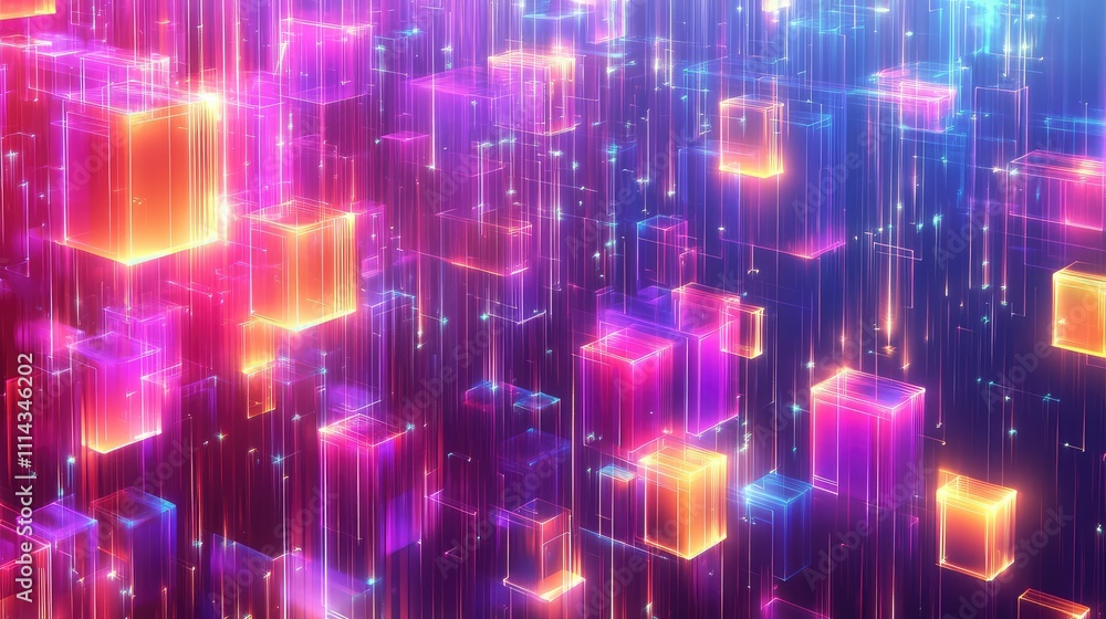 Poster neon pixel blocks forming an abstract glowing pattern, with a futuristic digital design and a gradie