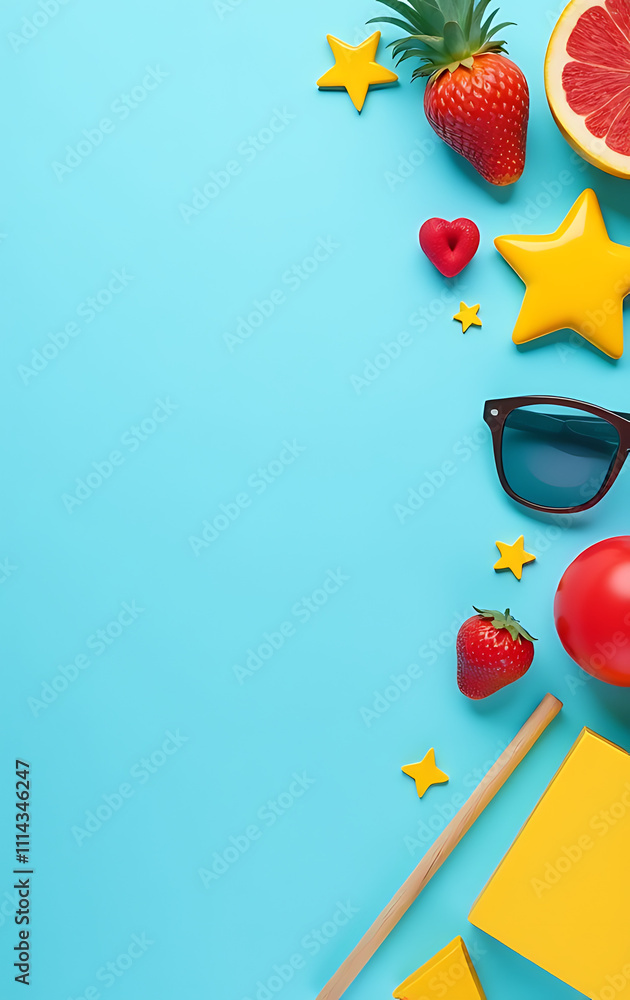 Poster vertical arrangement of entertaining accessories and themed elements on a light blue background with