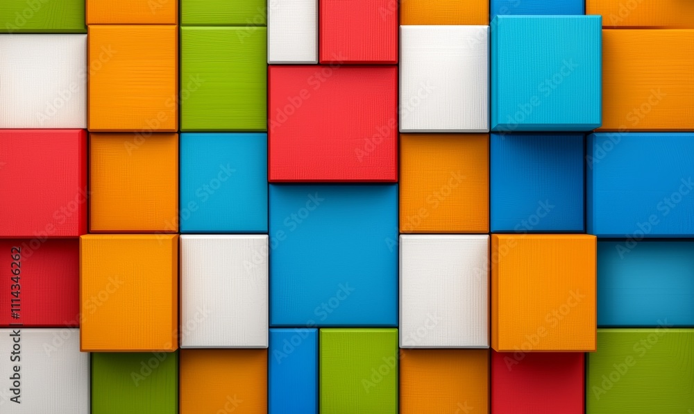 Poster colorful wall made of blocks with a blue square in the middle. the blocks are arranged in a way that