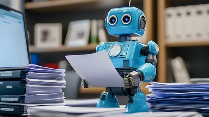 Sky Blue Robot Filing Documents, Efficiency in Office Administration