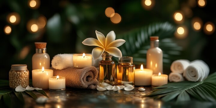 Relaxing spa ambiance with aromatic oils, candles, and natural elements for a rejuvenating experience in a tranquil setting