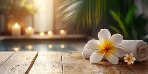 Fototapeta premium Relaxing spa environment featuring a plumeria flower and soft towels by a tranquil pool in a warm, inviting space