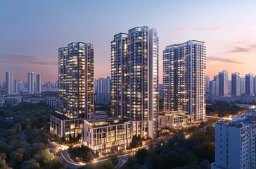 Obraz premium Aerial view of a city at night showcasing a solitary apartment building and office towers with illuminated facades, highlighting the vibrant real estate and commercial districts of the urban skyline.
