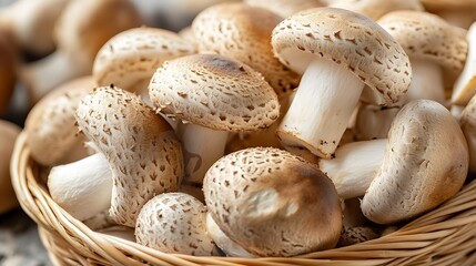 Close-up of Fresh Brown Mushrooms in a Woven Basket. AI Generated