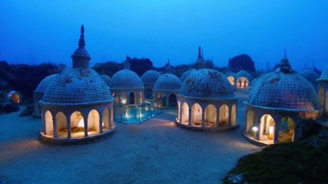 A whimsical underwater village made of seashell domes and glass corridors, illuminated by soft bioluminescent lights