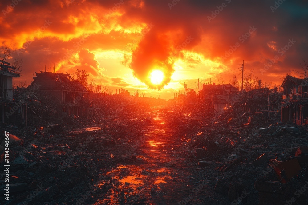 Poster aerial view of a city in ruins with the sun setting in the background