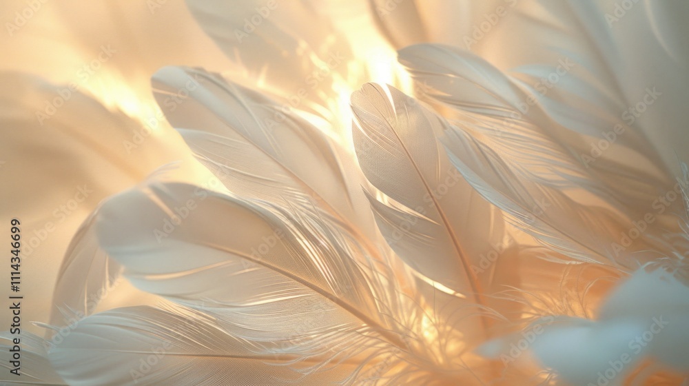 Poster close-up shot of a single white feather lying on a table, great for adding a touch of elegance to an