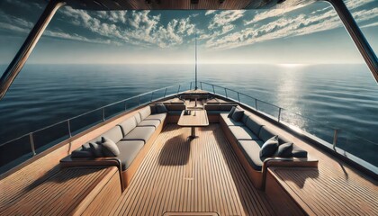 Fototapeta premium Luxury yacht sailing on calm sea under cloudy sky at sunrise