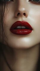 Fototapeta premium Close up of a models lips showcasing bold red lipstick and soft white fabric